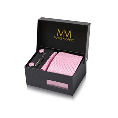 Abbildung von Massi Morino Krawatte Rosa Kariert mit Einstecktuch Set Herren inkl. Manschettenknöpfe, Krawattennadel und Geschenkbox Männer Krawattenset