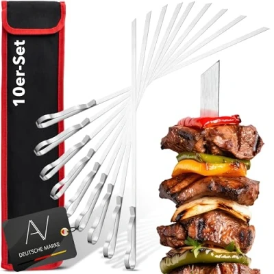 Abbildung von AVANA Grillspieße aus Edelstahl 10 Stück Wiederverwendbar Schaschlikschpieße 43cm Grill Kebap Schampura Fleischspieße lange Spieße für Fleisch &amp; Gemüse