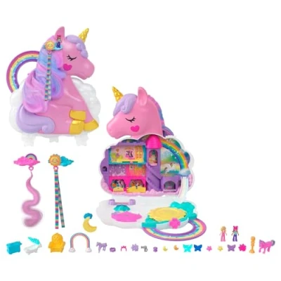 Abbildung von Polly Pocket HMX18 Mini Spielzeug, Regenbogen Einhorn Salon Styling Kopf und Schatullen Spielset mit 2 kleinen Puppen, 25 Zubehörteilen beweglichen Spielelementen, Puppen Spielzeug ab 4 Jahren