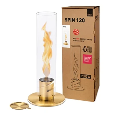 Abbildung von höfats Spin 120 Gold Tischkamin für Indoor und Outdoor Tischfeuer, Windlicht, Gartenfackel Bioethanolkamin aus Edelstahl
