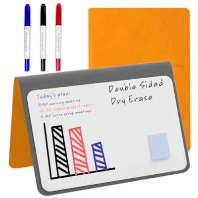 Abbildung von NEWYES Mini Whiteboard A5, Abwischbares Memoboard, Tragbares Whiteboards mit 3 Farbstiften, Geeignet für das Festhalten von Besprechungsnotizen, Einkaufslisten, Haushaltsplan und To Do Listen, Orange