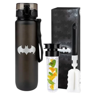 Abbildung von MOMO WAY DC Comics Trinkflasche Tritan Wasserflasche Mit Früchtebehälter Wiederverwendbare Sportflasche Für Schule Gym Geschenk BPA Frei 1 Klick Verschluss Batman 1000ml