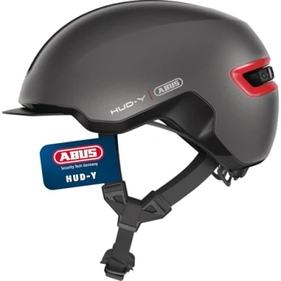 Abbildung von ABUS Urban Helm HUD Y mit magnetischem, aufladbarem LED Rücklicht &amp; Magnetverschluss cooler Fahrradhelm für den Alltag Damen und Herren Titan/Rot Matt, Größe L