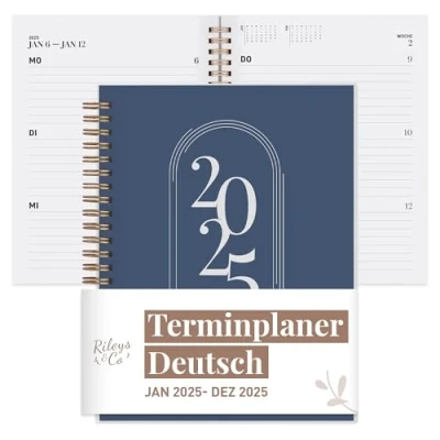 Abbildung von Rileys &amp; Co 2025 Planer Monatlicher und Wöchentlicher Agenda Planer, Flexibler Einband, Doppelspiralbindung, Notizseiten, 20,3 x 15,2 cm (8 6 Zoll), Blau auf Deutsch