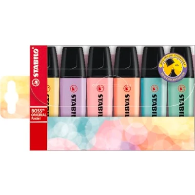 Abbildung von Textmarker STABILO BOSS ORIGINAL Pastel 6er Pack pudriges Gelb, cremige Pfirsichfarbe, rosiges Rouge, Schimmer von Lila, Hauch Minzgrün,zartes Türkis