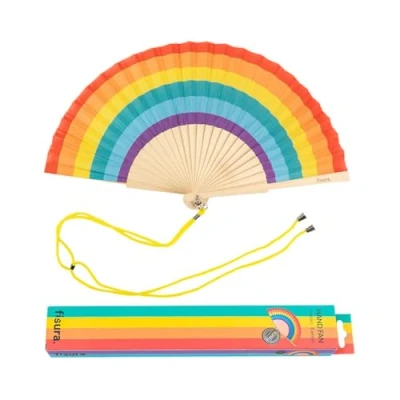 Abbildung von Fisura Origineller Handfächer mit Regenbogenmotiv. Moderner und lustiger Fächer Regenbogenfarbener Faltfächer. Größe 42,5 x 23.