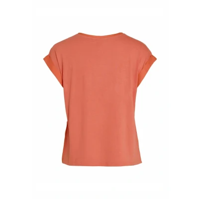 Abbildung von Vila Damen Satin Blusen T Shirt Kurzarm Basic Rundhals Top Glänzend Tunika Blouse Oberteil VIELLETTE, Farben:Coral Pink, Größe:38