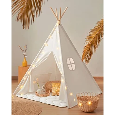Abbildung von Tiny Land Tipi Zelt für Kinder, Drinnen Spielzelt Kinder mit Gepolsterter Decke &amp; Lichterkette &amp;Aufbewahrungstasche, Segeltuch Kinderzelt, Spielhaus und Draussen