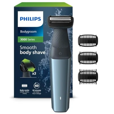 Abbildung von Philips Bodygroom Series 3000, wasserfester Trimmer für Intimbereich und Körper, gründliche angenehme Rasur, Ganzkörperpflege, 60 Min. Laufzeit, Modell BG3027/03