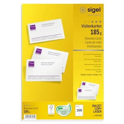 Abbildung von SIGEL DP830 bedruckbare Visitenkarten hochweiß, 150 Stück (15 Blatt), 185 g, 85x55 mm