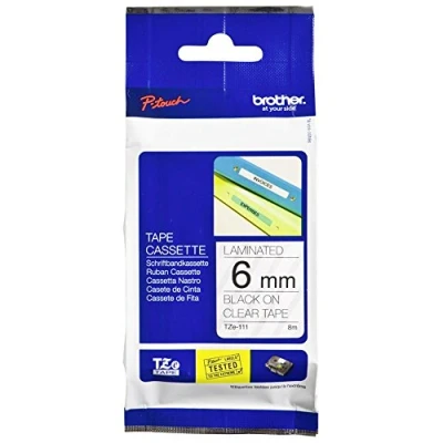 Abbildung von Brother 1659459 Original P touch Schriftband TZe 111 6 mm, schwarz auf transparent (kompatibel u.a. mit PT H100LB/R, H105, E100/VP, D200/BW/VP, D210/VP)