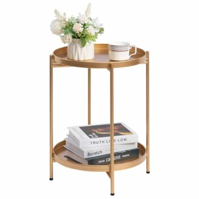 Abbildung von HollyHOME Beistelltisch Gold Rund Metall, Balkontisch Snacktisch Couchtisch Teetisch Nachttisch Sofatisch, 2 Ebenen für Wohnzimmer Schlafzimmer Terrasse Outdoor