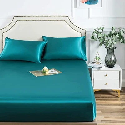 Abbildung von Damier Satin Spannbettlaken 160x200cm Türkis Grün Seide Glänzend Spannbetttuch Hochwertiges Deluxe Bettlaken, geeignet für Matratzen bis 25cm