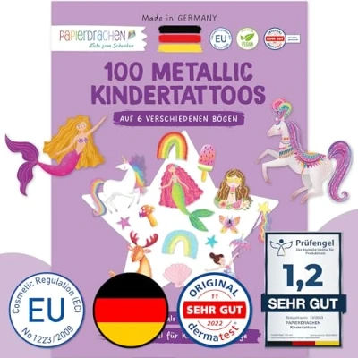 Abbildung von Papierdrachen 100 Metallic Tattoos für Kinder Hautfreundliche Kindertattoos Einhorn und Regenbogen als Geburtstagsmitgebsel &amp; Geschenkidee Jungen Mädchen in Deutschland hergestellt