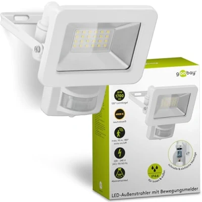 Abbildung von goobay 53880 LED Strahler Bewegungsmelder Außen 20W / PIR Sensor Außenstrahler IP44 Neutralweißes Licht 1700 lm/LED Scheinwerfer Fluter Wandmontage/Gartenstrahler/Weiß