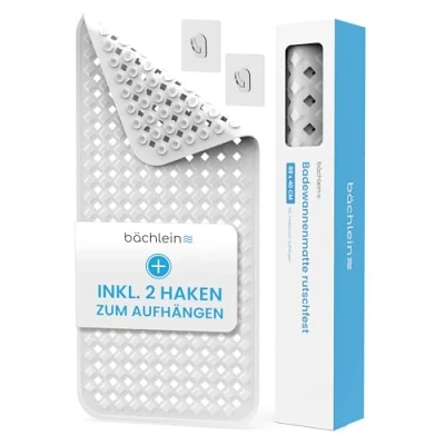 Abbildung von Bächlein PVC Badewannenmatte Weiß Antirutsch Einlage 88x40 cm mit Haken zum Aufhängen, Hygienisch &amp; Schimmelresistent, BPA Latexfrei, Maschinenwaschbar
