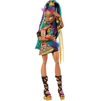 Abbildung von Monster High Nefera De Nile Puppe, Königsmumie im Kleid mit Haustier Skarabäus Lavish und 7 Zubehörteilen wie Handtasche, Laptop, Sonnenbrille, Getränk Snacks, JDR48