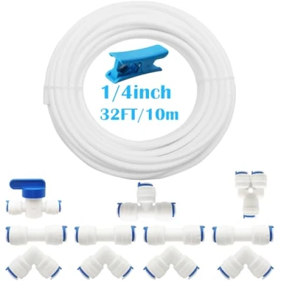 Abbildung von CESFONJER Wasserzulaufleitung Universal Anschluss Set, 1/4&quot; (6,35mm) RO Wasserfilter Fitting, 10 Meter Kühlschrankschlauch, Pack von 11 (Y + T I L Typ Combo Absperrventil) mit Schlauchcutter