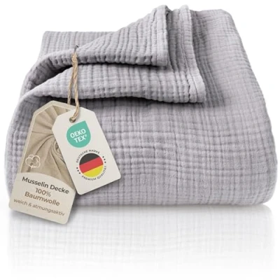 Abbildung von LAYNENBURG Premium Musselin Tagesdecke 220x240 cm XXL 100% Baumwolle extraweiche Baumwolldecke als Kuscheldecke, Bett Überwurf, Sofa Couch Überwurf warme Decke (Grau)