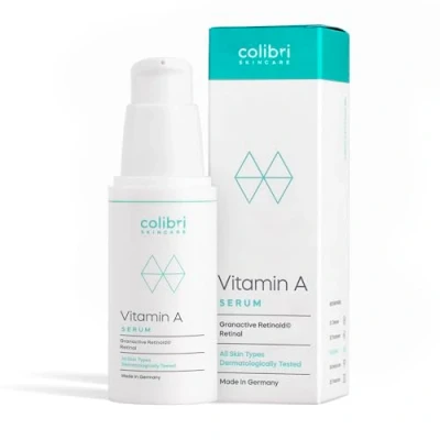 Abbildung von colibri skincare Vitamin A Serum 30ml Retinol hochdosiert 4 fach Wirkstoffkomplex mit Retinol, Retinal, Bakuchiol und Ceramiden schnell einziehende Anti Aging Creme für Gesicht