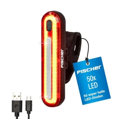 Abbildung von Fischer Fahrrad LED Akku Stableuchte, 50 LEDs, Rücklicht, rear mit und USB Ladefunktion, Spritzwasserschutz nach IP44, StVZO zugelassen, Schwarz