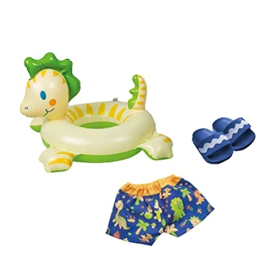 Abbildung von Heless 22 Schwimm Set für Puppen im Dino Design, 3 teilig mit Bade Hose, Badeschlappen und Ring, Größe ca. 35 45 cm, Spaß an heißen Sommertagen