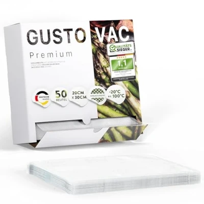 Abbildung von GustoVac Premium Vakuumbeutel, 50 Stk. 20x30cm Profi Folienbeutel, Vakuumierbeutel für Vakuumierer, Kochfest &amp; Sous Vide Gefrierbeutel, Lebensmittel Vakuumiergerät, Made in Netherlands, BPA frei