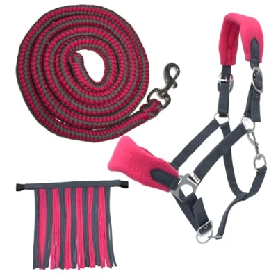 Abbildung von PFIFF 103103 Halfter Set „Sunny“, 3 teiliges aus Halfter, Strick und Fliegenfransen, individuell anpassbar, Grau Rosa, Pony