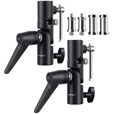 Abbildung von TARION Blitzneiger Schirmhalter inkl. 1/4&quot; 3/8&quot; &amp; Spigot Gewindeadapter für Lampenstativ, Blitzgeräte und Reflexschirme Durchlichtschirme Fotostudio (2 Stück)