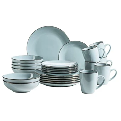 Abbildung von MÄSER Metallic Rim, Modernes Geschirr Set für 6 Personen mit messingfarbenem Rand, 24 teiliges Kombiservice randlosen Coupe Formen, Steinzeug, Grau