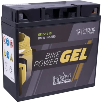 Abbildung von intAct GEL Motorradbatterie Bike Power GEL51913. Ersetzt 51814, 51913, YT19BL, YT19BL BS. 12V 21Ah 300A. Maße: 185x80x170mm. Mit bis zu 30% mehr Startleistung.