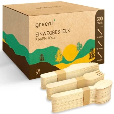 Abbildung von greenli® Einwegbesteck Set 300 Holzgabeln, Holzmesser und Holzlöffel Nachhaltiges Holzbesteck Einweg