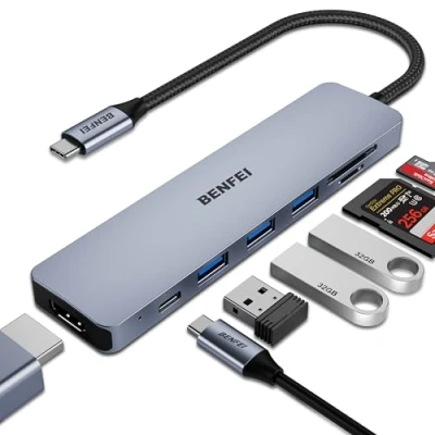 Abbildung von BENFEI USB C HUB 7in1,USB Multiport Adapter mit HDMI(4K@60Hz Zertifiziert)/100W Power Delivery/3*USB 3.0 5Gbps/SD/TF Card Reader(160MB/s) für iPhone 15 Pro/Max MacBook iPad Pro iMac S23 XPS17