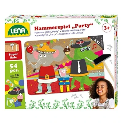 Abbildung von Lena 65835 Hammerspiel Party, Nagelspiel mit 38 farbigen Teilen &amp; 16 Sonderteile, XXL Grundplatte aus Kork ca. 28 x 19,5 cm, Hammer und Nägel, Klopfspiel für Kinder ab 3 Jahre, Hämmerchenspiel