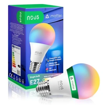 Abbildung von NOUS P3 Smarte WiFi Glühbirne RGB E27, Kompatibel mit Matter, Alexa, Home Assistant &amp; Apple HomeKit, Smart Home, Fernbedienung, LED Lampe Farbwechsel, Glühbirne, 2.4 GHz