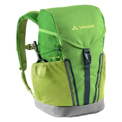 Abbildung von VAUDE Kinderrucksack Jungen &amp; Mädchen Puck 10 Liter in grün, komfortabler Wanderrucksack Kinder, Wetterfester Schulrucksack mit Regenhülle Lupe, viel Stauraum, Apple