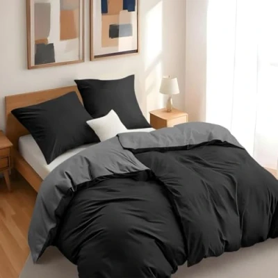 Abbildung von Dreamzie Bettwäsche Set 135x200 cm mit 2 Kissenbezügen 80x80 Weiß/Dunkelgrau Bettbezug aus 100% Mikrofaser Zertifiziert ohne Chemikalien (Oeko TEX)