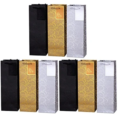Abbildung von 9 er Packung Geschenktüten gold silber schwarz Flaschentüten für Wein und auch Sekt oder Champagner 36x12x10 cm