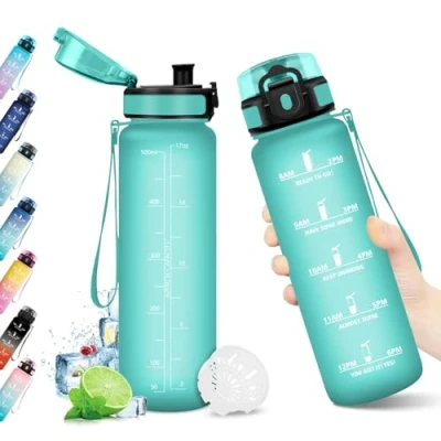 Abbildung von Trinkflasche 500ml, Sport Wasserflasche, mit Filter und Zeitmarkierung, Auslaufsicher, BPA frei, Ideal für Gym, Yoga, Camping, Fahrrad, Schule, Büro, Erwachsene, Kohlensäure geeignet