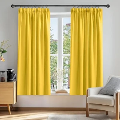 Abbildung von Deconovo Vorhang Blickdicht Kräuselband Gardinen Kinderzimmer Thermogardine Kälteschutz, 138x117cm(HöhexBreite), Senfgelb, 2er Set