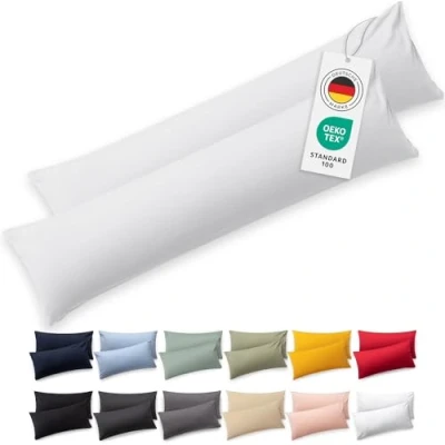 Abbildung von Blumtal Seitenschläferkissen Bezug 40 x 145 (2er Set Kissenbezüge) Weiß 100% Baumwolle, Oeko Tex Zertifiziert, Kissenbezug für Seitenschläferkissen, Kissenhülle mit Reißverschluss