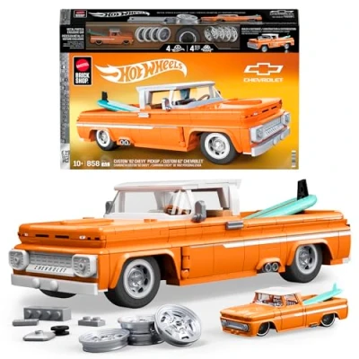 Abbildung von Mattel Brick Shop Hot Wheels Elite Serie Bauset, Custom ’62 Chevy Pickup mit 858 Teilen, realistischen Details und individuellen Aufklebern, für Sammler Kinder ab 10 Jahren, JFT20