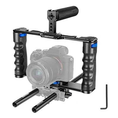 Abbildung von NEEWER Montageset für Videokamera aus Aluminiumlegierung mit Zwei oberen Griffen, 15 mm Schäften, kompatibel Sony A7S III, A6600 Canon EOS R5 R6 DSLR Mirrorless Kamera, Schwarz/Blau
