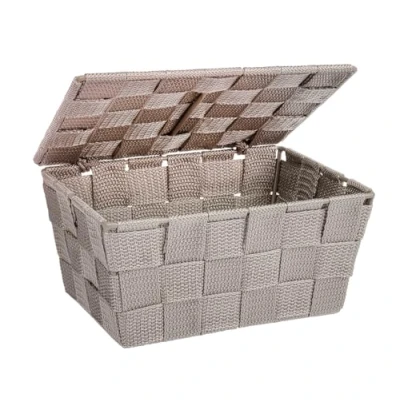 Abbildung von WENKO Badkorb mit Deckel Mod. Adria moderne Aufbewahrungsbox für Bad Kinderzimmer Haushalt in trendigem Taupe aus Kunststoff Geflecht 19 x 10 14 cm
