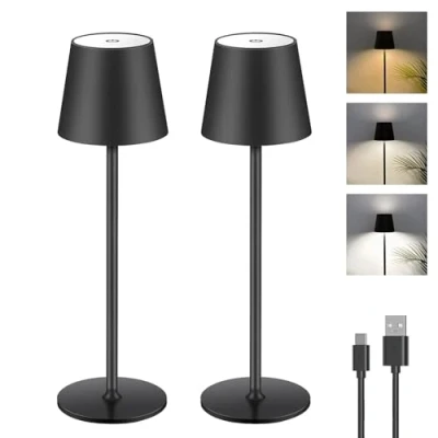Abbildung von 2 Stück Dimmbare LED Akku Tischlampe, Touch Kabellose Tischleuchte mit USB C, Metall Wiederaufladbar Tischlampe für Outdoor und Indoor, Aluminium, IP44 Wasserdicht, 5600mAh, 5W, Schwarz
