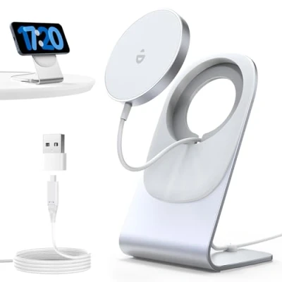 Abbildung von Mag Safe Ladegerät,Wireless Charger,induktive ladestation mit Aluminium Ständer,magnetisch Induktionsladegerät,Kabellos Schnellladegerät kompatibel für iPhone 15/14/13,Weiß Ohne Adapter