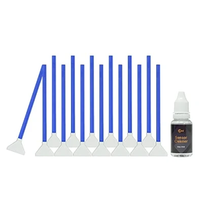 Abbildung von UES FFR24 Sensor Reinigungsset für Vollformat DSLR und Spiegellose Kameras 14x 24mm Mikrofaser Swabs einzeln verpackt, 15ml Flüssig Reiniger, CMOS/CCD Sensoren, kompatibel mit Sony, Canon, Nikon