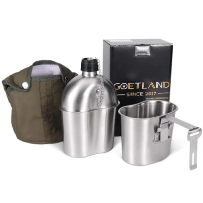 Abbildung von Goetland Edelstahl US Militär Feldflasche Set 1l mit 0,5l Becher Nylon Beutel Wasserflasche Kochtopf Campingbecher