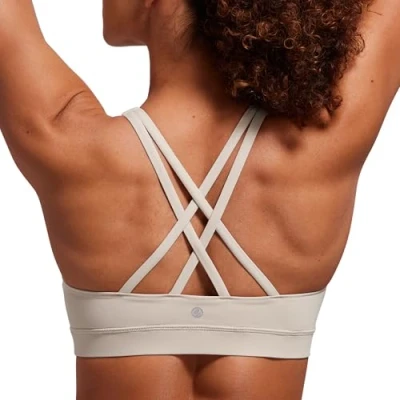 Abbildung von CRZ Yoga Damen Ohne Bügel Sport BH Gekreuzt Rücken Spaghetti Top Abnehmbare Pads Croptop Mojave Braun L