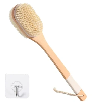 Abbildung von Blendura Rückenbürste Dusche mit Langem Stiel, Duschbürste Rückenschrubber Nass und Trockenkörperbürste Massagebürste, 43 cm Langer Holzgriff